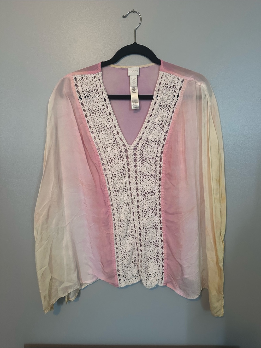 Chico's Pink Ombre Crochet V-Neck Top with Cream Accents